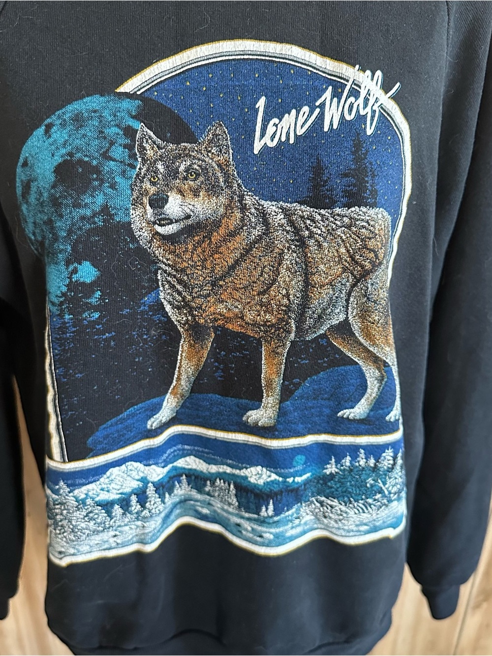 Black 'Lone Wolf' Graphic Crewneck Sweatshirt, Vintage Jerzees s/m, made in USA - Picture 3 of 6
